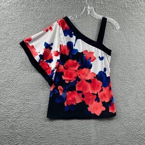 Rendezvous‎ Womens Top Medium Red Black Floral Pullover 1 Shoulder Shirt Blouse